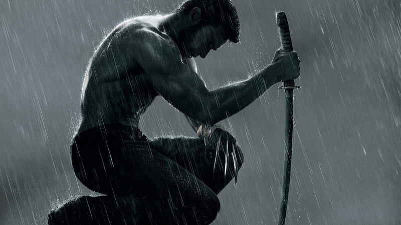 The Wolverine, claws, wolverine, muscular, black and white, hugh jackman, x-men, mutant, rain, sword, HD wallpaper