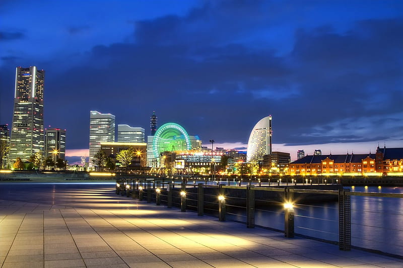 Yokohama Night, japan, city, japanese, ocean, yokohama, ferris wheel, night, HD wallpaper