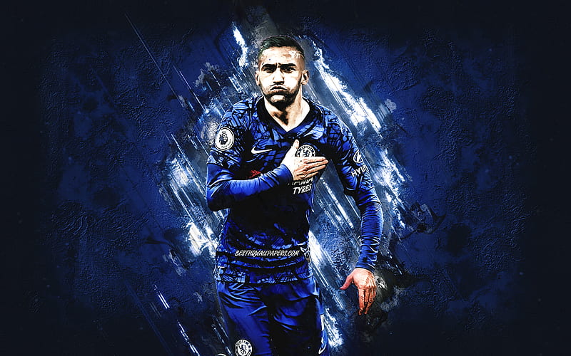 Hakim Ziyech, Chelsea FC, Moroccan football player, portrait, blue stone background, Premier League, England, football, HD wallpaper