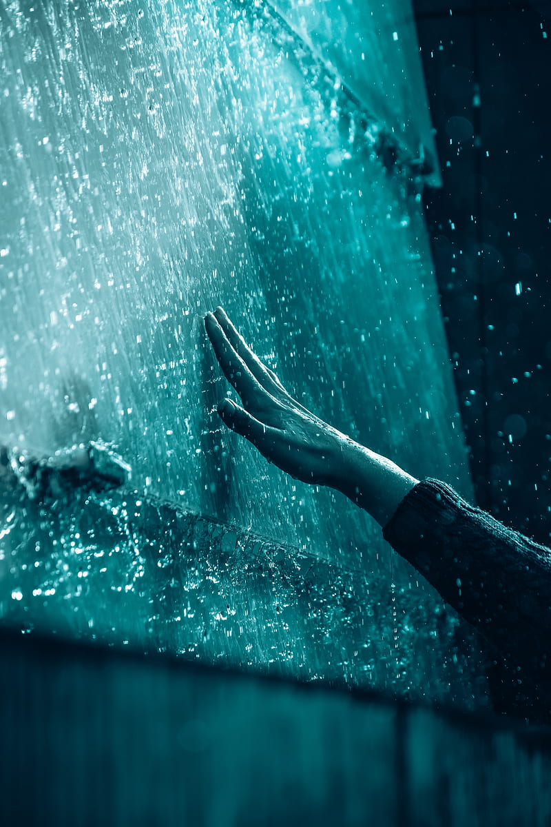water drops, water, depth of field, hands, cold, rain, vertical, dark, teal, HD phone wallpaper