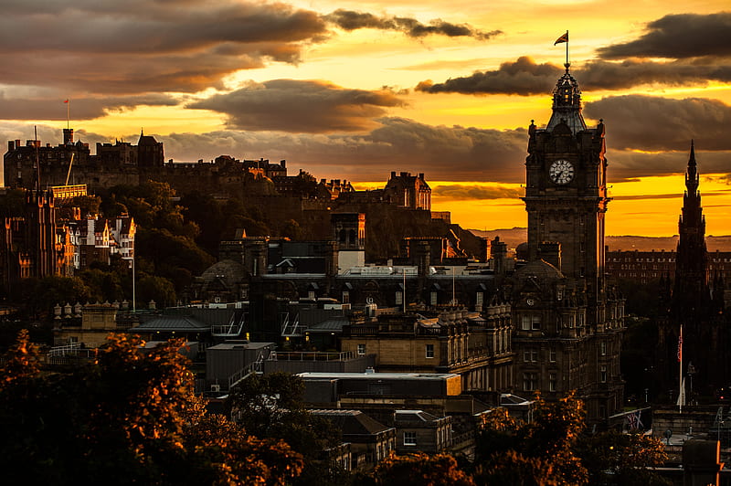 Edinburgh, Scotland, tower, houses, evening, sunset, clouds, sky, HD  wallpaper | Peakpx