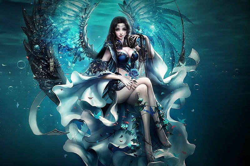Fantasy girl, underwater, frumusete, wings, luminos, angel, game, superb, fantasy, water, girl, gorgeous, blue, HD wallpaper