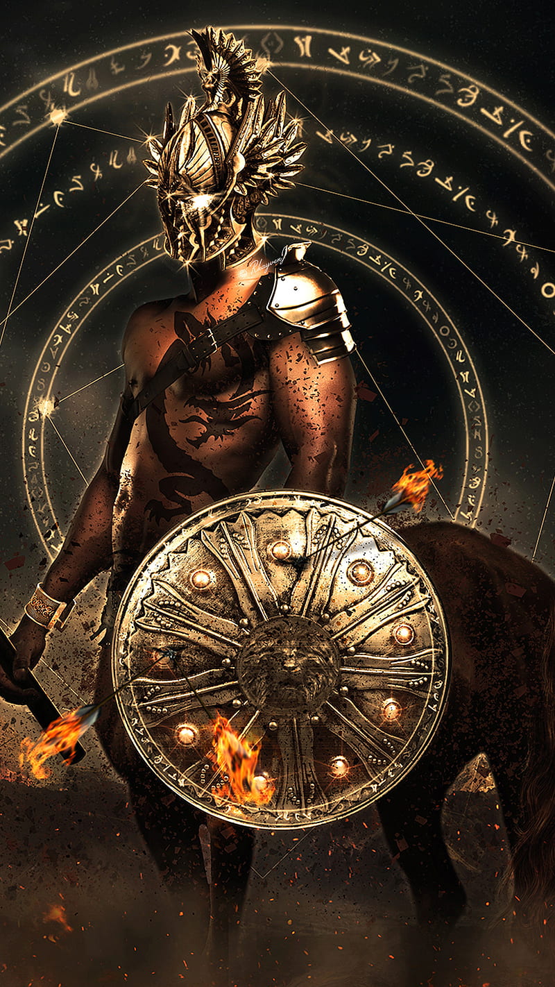 Jelani the Warrior, RhayvenJ, arcane, centaur, fantasy, fire, magic, mythology, HD phone wallpaper