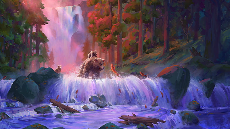 Artistic, Bear, Grizzly Bear, Waterfall, HD wallpaper