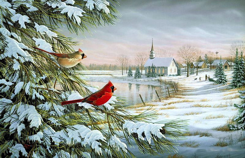 Winter Morning, church, cardinals, tree, village, painting, river, artwork, HD wallpaper