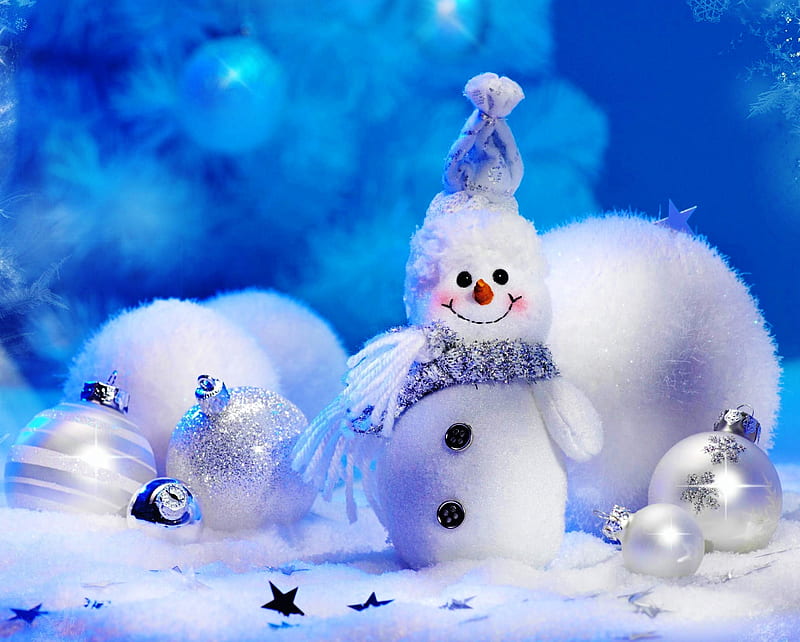Christmas, blue, bokeh, holiday, seasonal, snow, snowman, star, winter, year, HD wallpaper