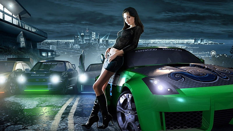 Beauty, green, girl, model, car, black, racing, woman, HD wallpaper