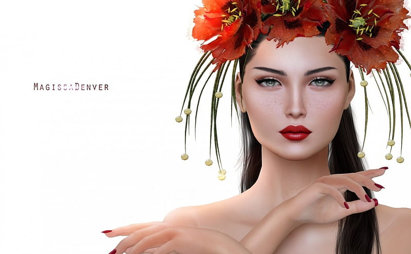 Beauty, red, poppy, woman, brunette, fantasy, girl, rendering, flower, white, HD wallpaper
