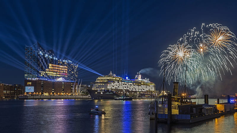 Black Cruise Ship With Blue Light Focusing And Fireworks On Side During Nighttime Cruise Ship, HD wallpaper
