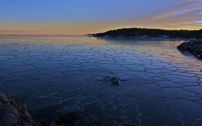crackled iced on a lake in the morning, shore, crackle, ice, morning, lake, HD wallpaper
