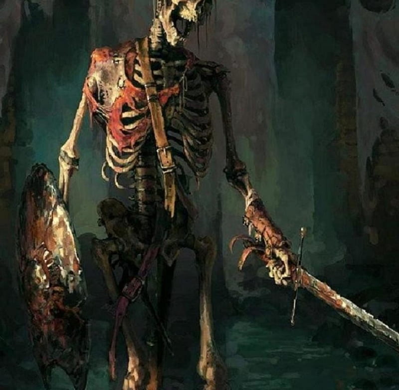 'Medieval skeleton warrior'...., skeleton, warrior, medieval, darkness, eerie, sword, HD wallpaper