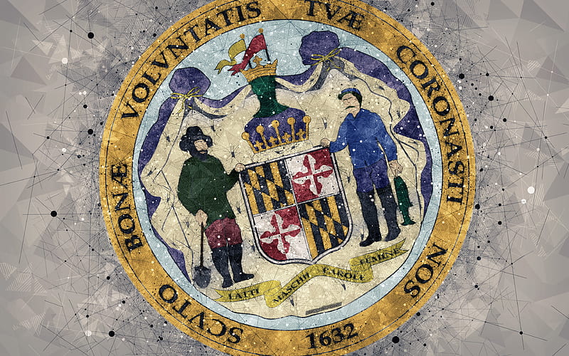 Seal of Maryland emblem, geometric art, Maryland State Seal, American states, gray background, creative art, Maryland, USA, state symbols USA, HD wallpaper