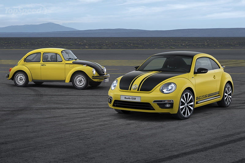 2014-Volkswagen-Beetle-Gsr, Vw, Yellow, Black Stripe, Classic Bettle, 2014, HD wallpaper