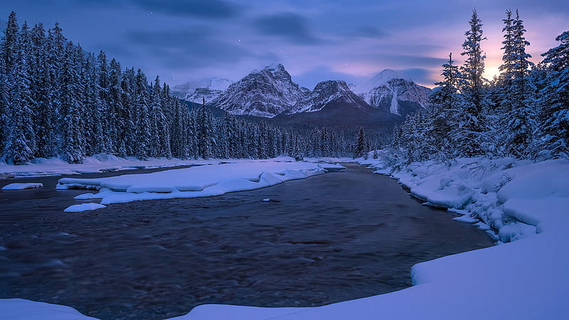 Alberta Canadian Rockies Mountain River Covered With Snow During Winter Nature, HD wallpaper