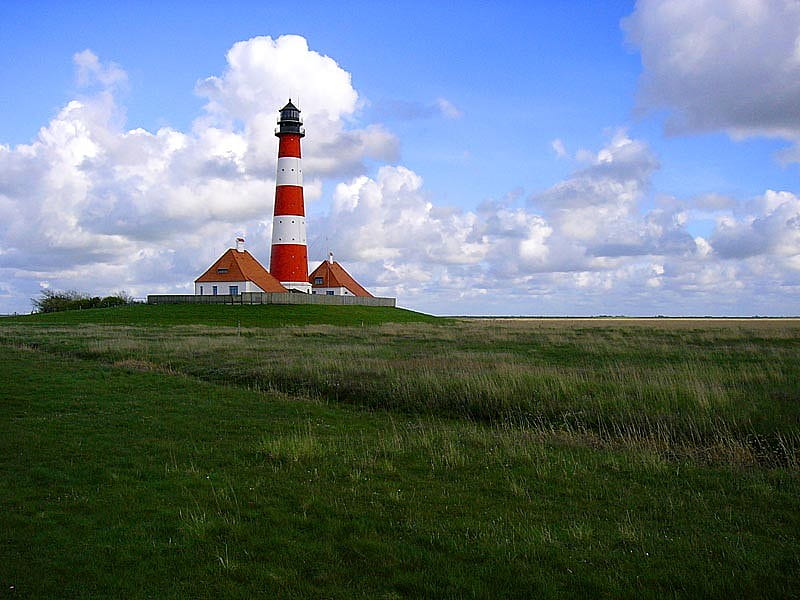 Lighthouse Westerhever, maritime, clouds, sky, lighthouse, meadow, sea, HD wallpaper