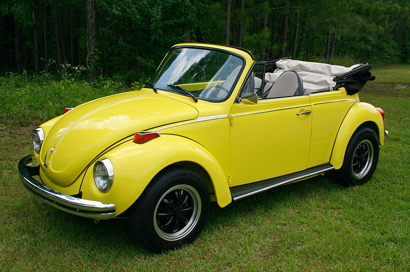 '73 VW Super Beetle Convertible, super, beetle, volkswagen, vw, 1973, yellow, 73, bug, antique, car, convertible, classic, vintage, HD wallpaper