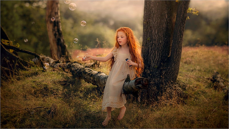 Blowing Bubbles, children, tree, nature, girl, HD wallpaper