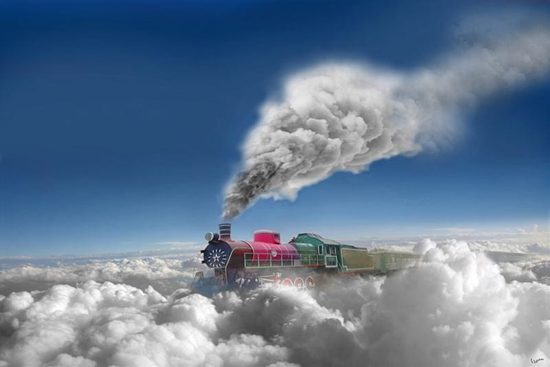 Sky Train, smog, art, abstract, sky, clouds, fantasy, 3d, train, painting, heaven, color, HD wallpaper