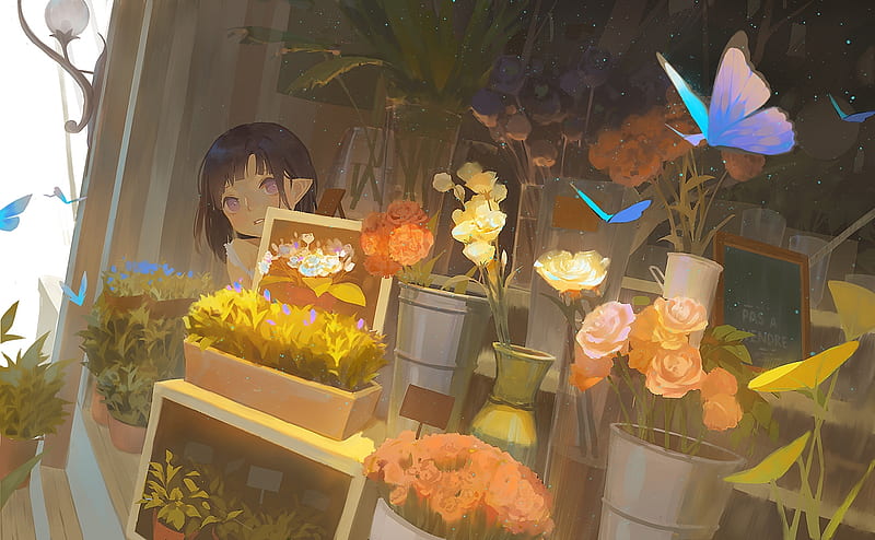 :-), girl, butterfly, anime, elf, manga, HD wallpaper