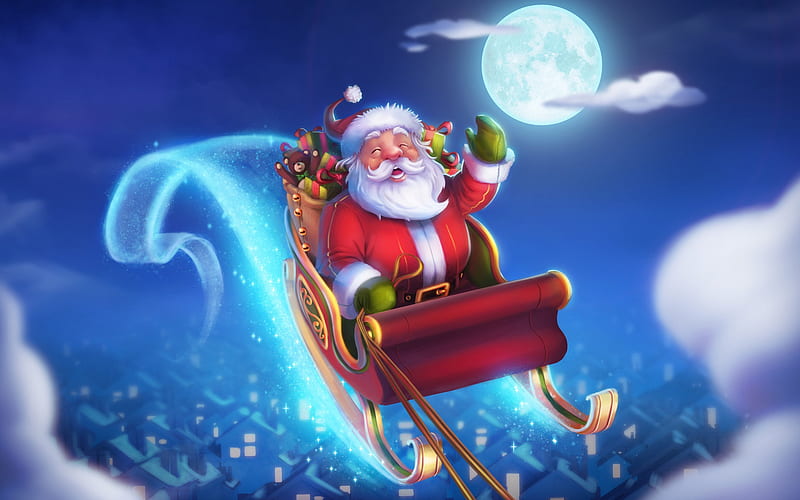 Santa Claus, sleigh, Christmas, New Year, clouds, gifts, evening, HD wallpaper