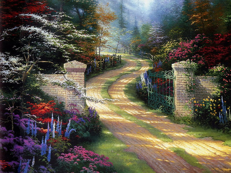 Along The Lighted Garden Path, entrance, fantasy, stone, painting, path, flowers, wooden fence, road, kinkade, light, gate, columns, spring, park, country, sky, trees, abstract, gardens, garden, HD wallpaper