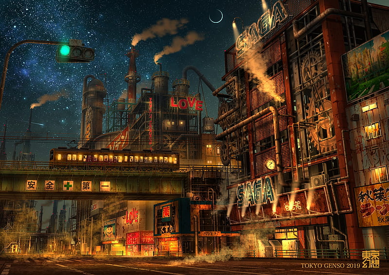 anime industrial city, night, street, train, crescent, Anime, HD wallpaper
