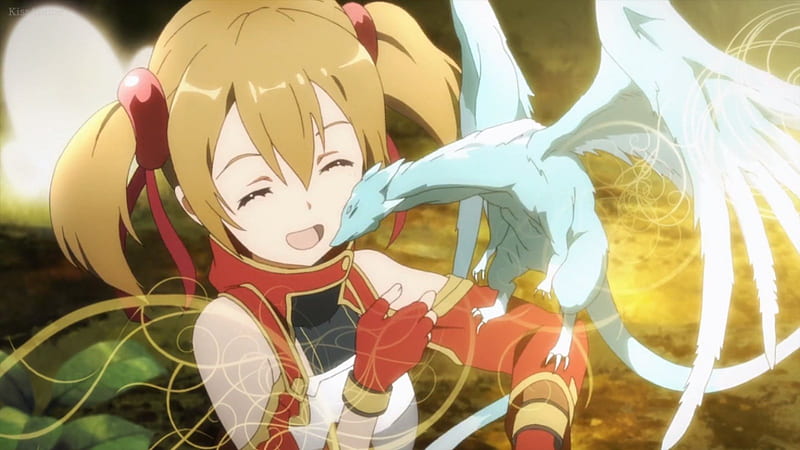 Lil' Dragon, pretty, tamer, adorable, pina, dragon, brown air, sweet, nice, twin tail, anime, partner, anime girl, female, lovely, twintail, brown hair, sword art online, smile, twintails, smiling, twin tails, happy, silica, cute, sao, monster tamer, kawaii, girl, HD wallpaper