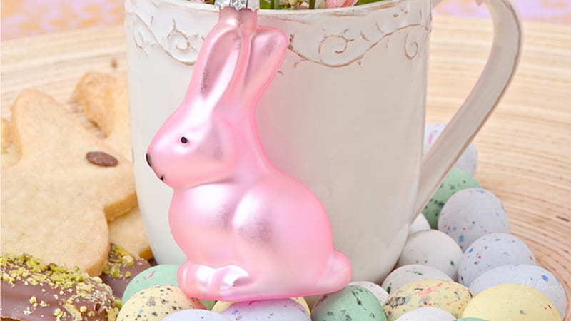 Pink Bunny Eggs, Easter, cookies, china cup, eggs, mug, spring, bunny, HD wallpaper