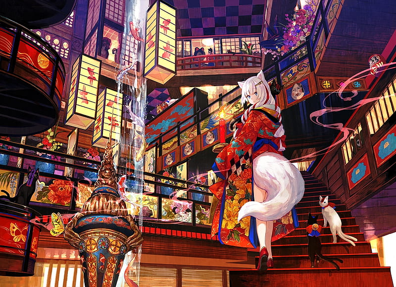 Catgirl, red, fantasy, girl, anime, tail, fuji choko, cat, white, manga, HD wallpaper