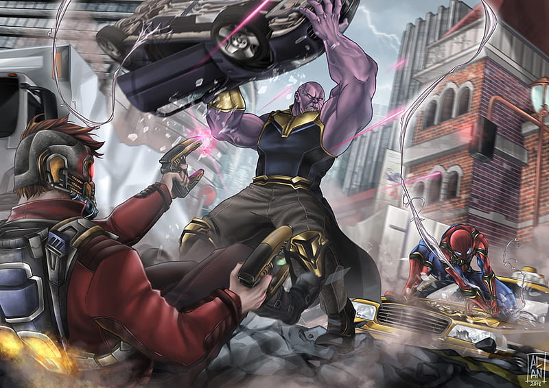 Avengers Team Up, thanos, star-lord, spiderman, artist, artwork, digital-art, HD wallpaper
