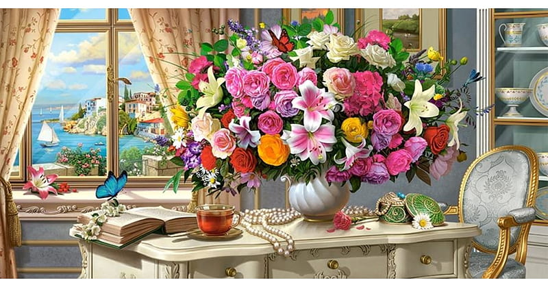 At my Desk, vase, flowers, puzzle, desk, HD wallpaper