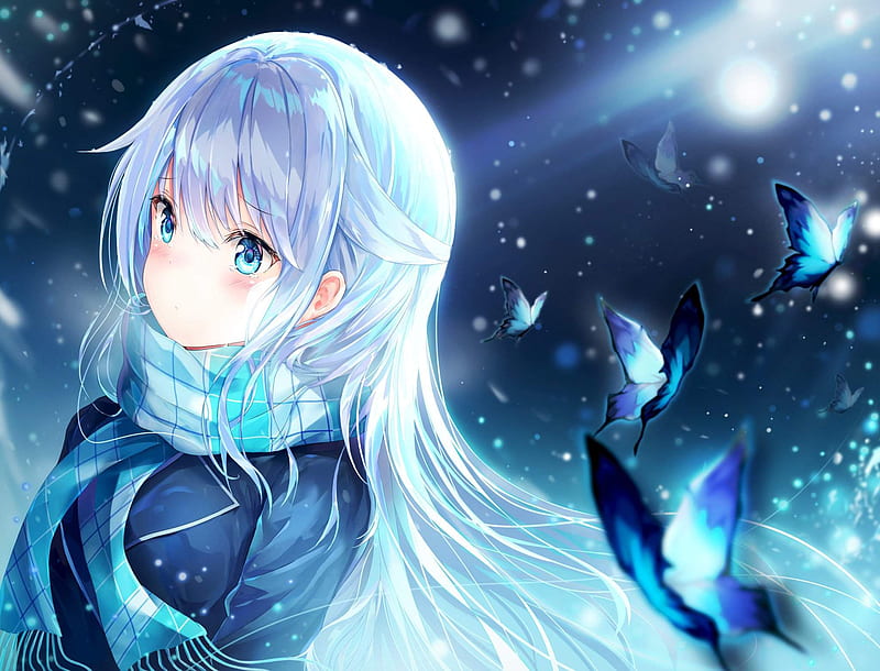 Watching snow, anime, blue, cute, girl, snow, HD wallpaper | Peakpx