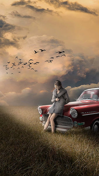 Runaway woman, 3d, birds, field, girl, nature, pretty, red car, sad,  vintage car, HD phone wallpaper | Peakpx
