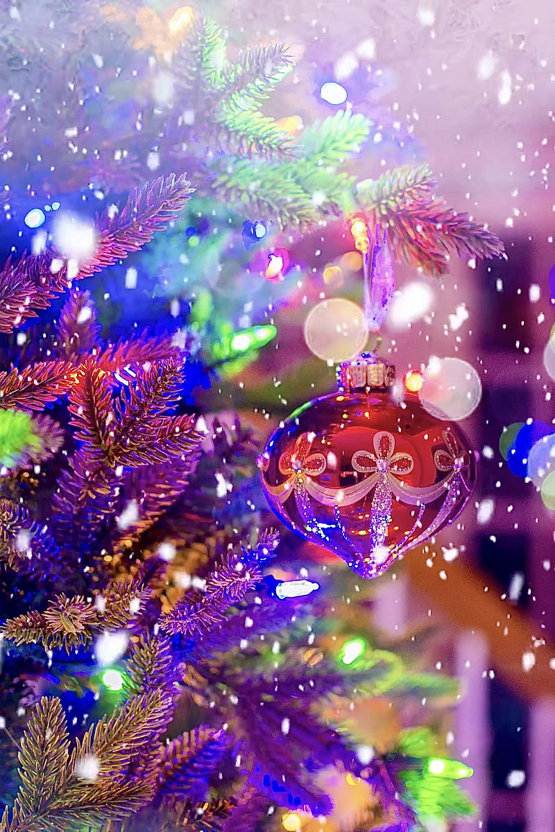 Christmas Globe, colorful, colors, holiday, snowing, tree, winter, xmas, HD phone wallpaper