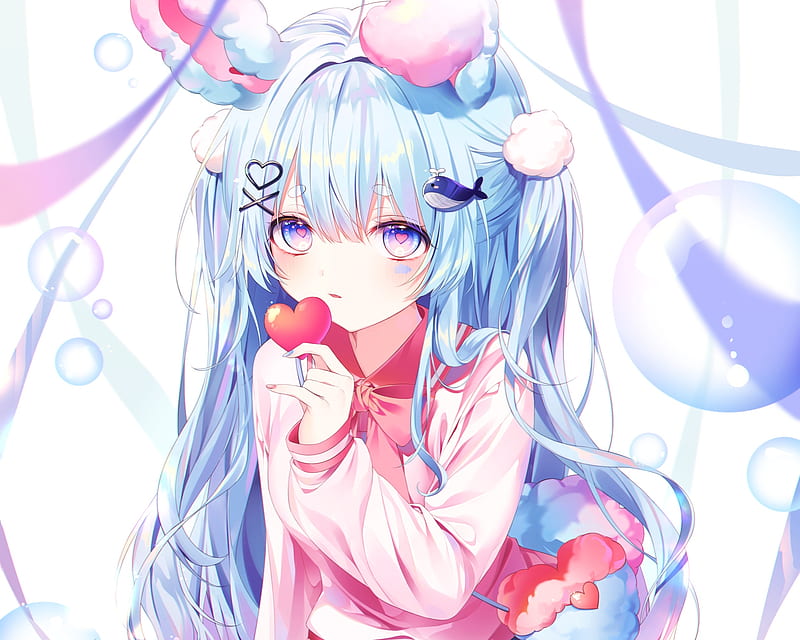 cute anime girl, loli, twintails, school uniform, heart, bubbles, bunny ears, aqua eyes, Anime, HD wallpaper