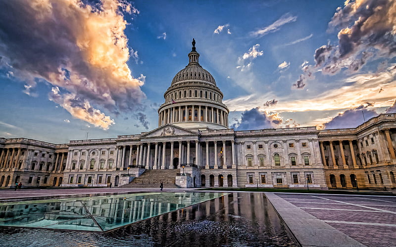 United States Capitol, evening, sunset, fountain, Capitol Building, United States Congress, Washington, USA, HD wallpaper