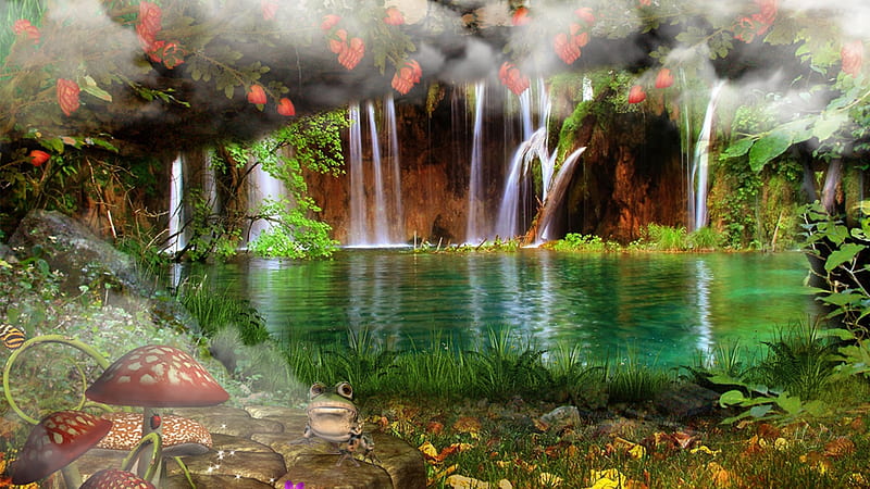 Magical Waterfalls, mystical, toad stools, fairy tale, fog, waterfalls, mist, pond, frog, magical, waterfall, flowers, mushrooms, HD wallpaper