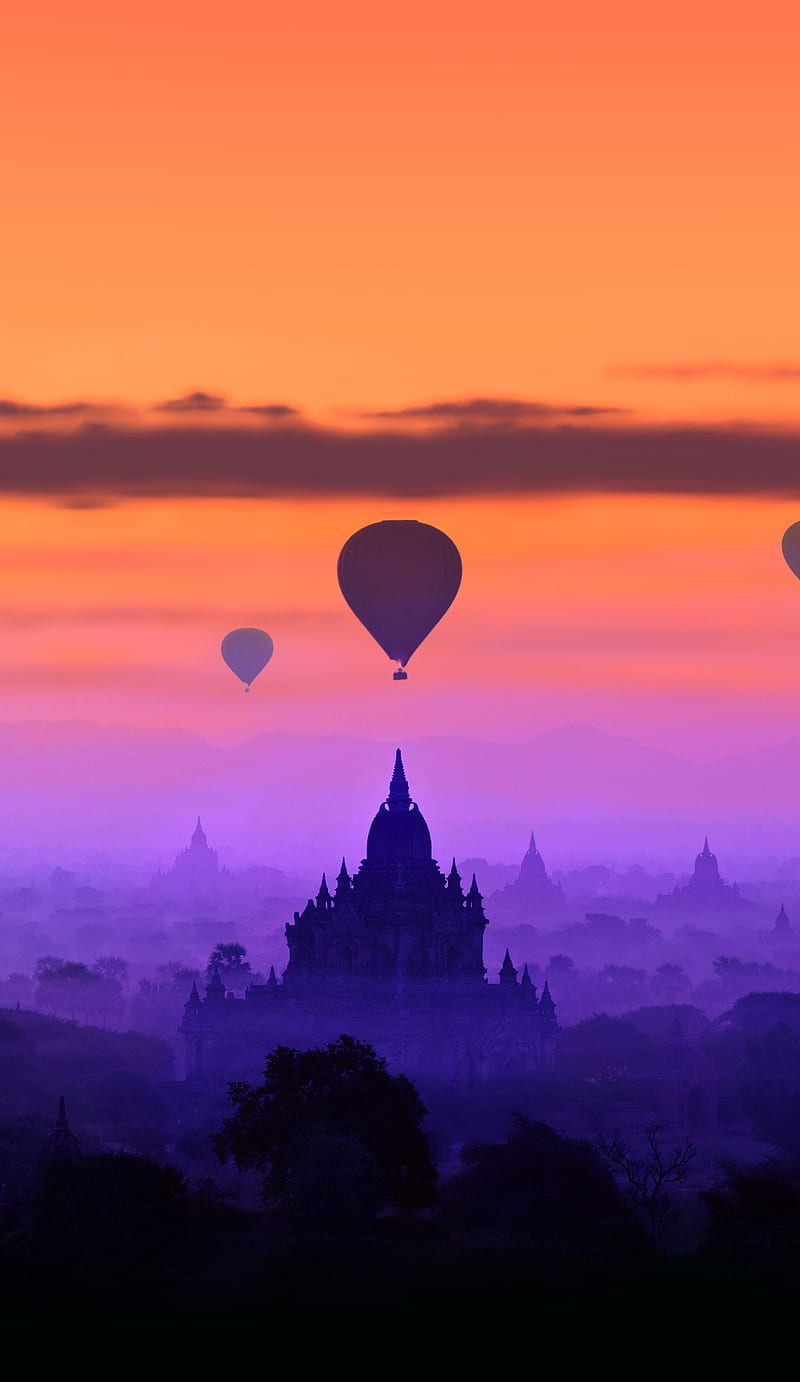 Airballoon, air, baloon, city, clouds, orange, sky, HD phone wallpaper