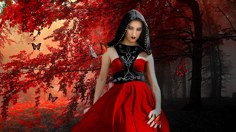 Fantasy Faire Autumn Journey Through the Woods, artistic, pretty, stunning, dramatic, bold, breathtaking, bonito, woman, women, bright colors, feminine, gorgeous, daring, forest, female, vivid, lovely, model, butterflies, mysterious, creative, Vanity Faire, girl, bird, black on red, red on black, HD wallpaper