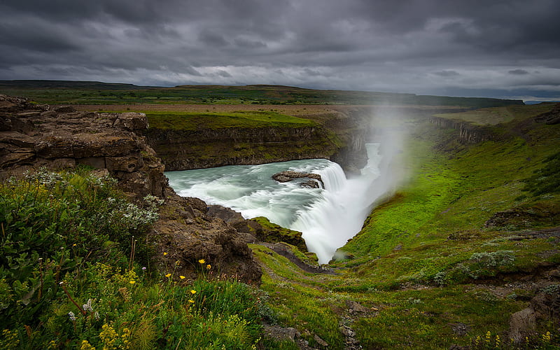 Waterfalls, Gullfoss, Cliff, Grass, Iceland, Waterfall, HD wallpaper