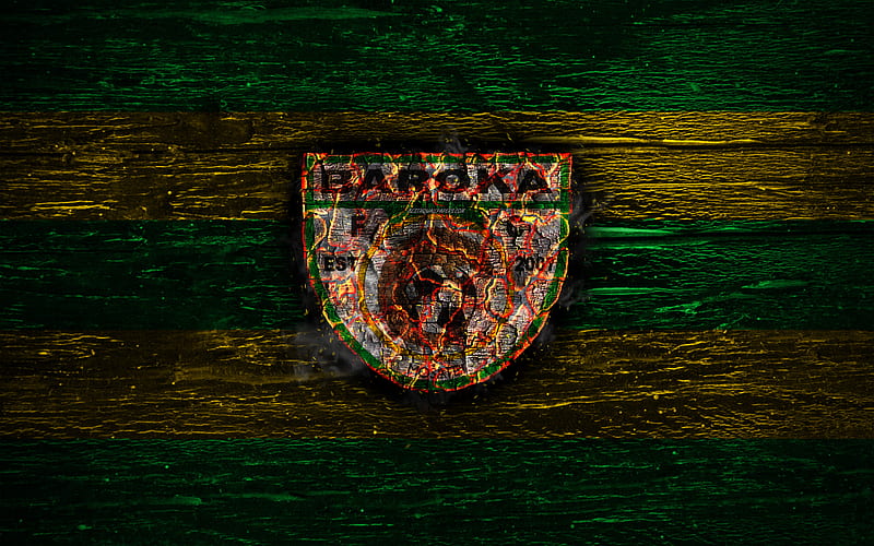 Baroka FC, fire logo, Premier Soccer League, green and yellow lines, South African football club, grunge, football, soccer, Baroka logo, wooden texture, South Africa, HD wallpaper