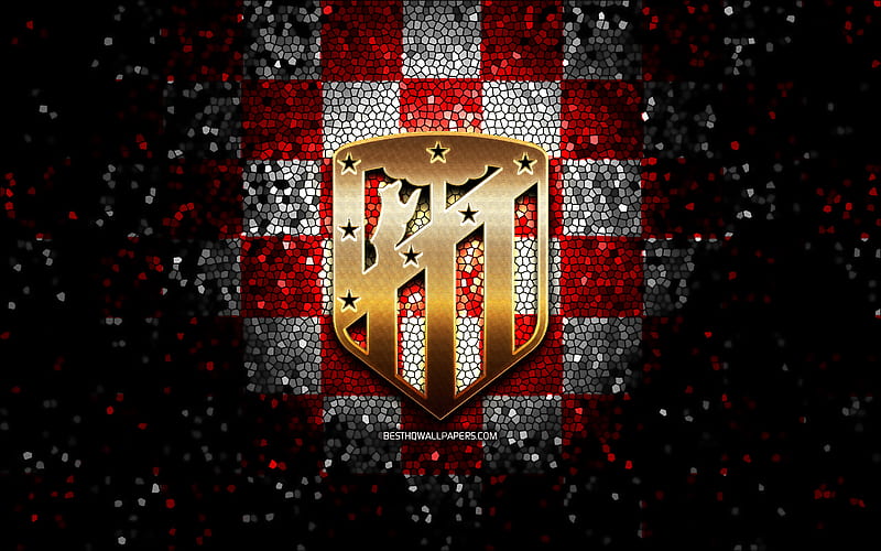 Atletico Madrid FC, glitter logo, La Liga, red white checkered background, soccer, Atletico Madrid, spanish football club, Atletico Madrid logo, mosaic art, football, LaLiga, Spain, HD wallpaper