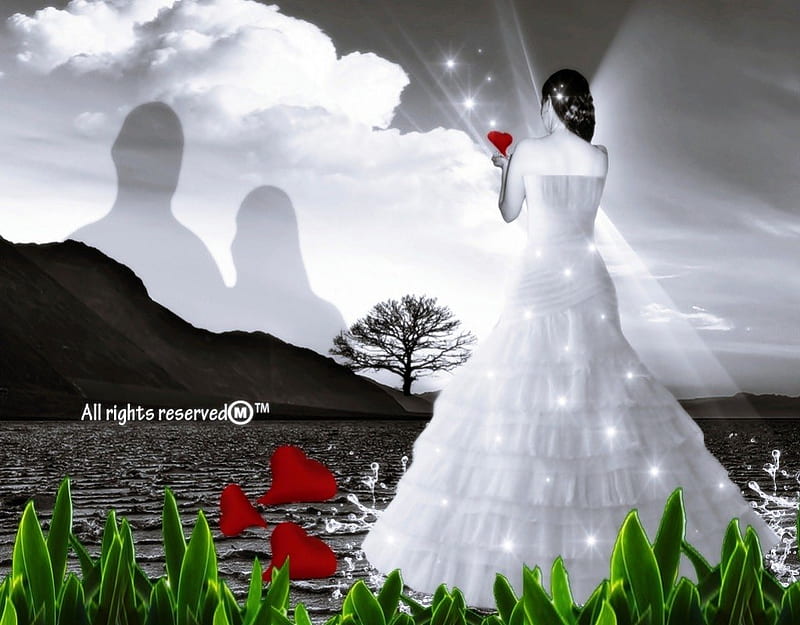 Dreaming Out Loud, red, her, life, dreams, sparkles, memories, waters, him, skies, green, love, alive, shadows, petals, HD wallpaper