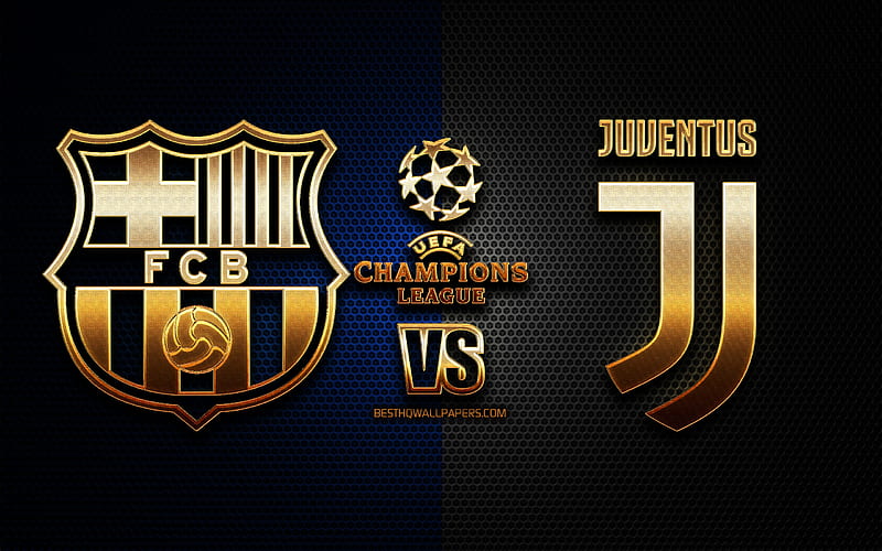 Barcelona vs Juventus, season 2020-2021, Group G, UEFA Champions League, metal grid backgrounds, golden glitter logo, FC Barcelona, Juventus FC, UEFA, HD wallpaper