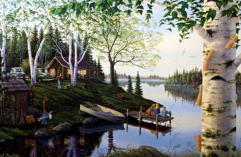 Opening Day, family, birches, pies, cabin, spring, trees, artwork, carros, boat, painting, river, HD wallpaper