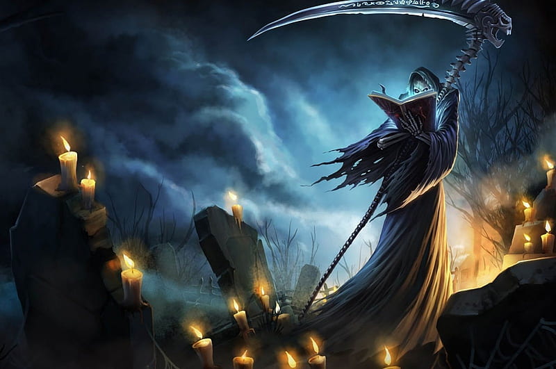 Halloween Death, candle, death, cemetery, halloween, fantasy, moon, scythe, cross, light, night, HD wallpaper