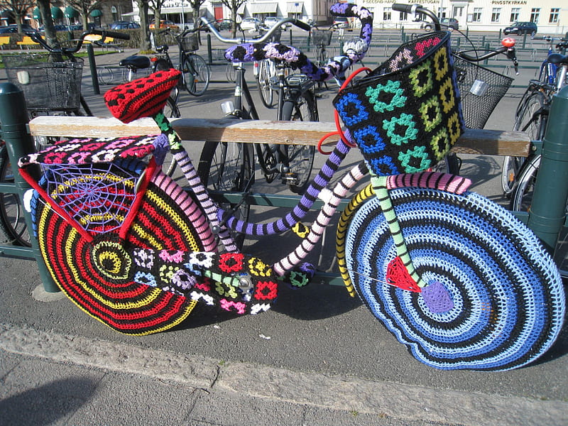 Bicycle, yarn, crochet, stones, town, colors, spring, HD wallpaper
