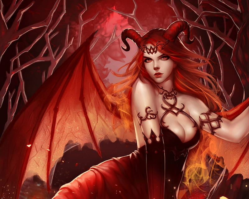 Succubus, red, wings, luminos, redhead, npye13, woman, horns, fantasy, girl, bat, HD wallpaper