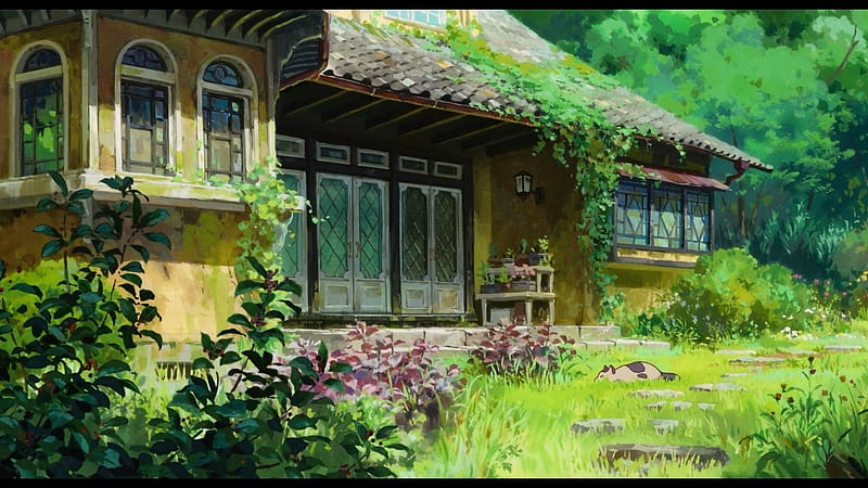 The Secret World of Arrietty, house, manga, hayao miyazaki, fantasy, green, anime, garden, arrietty, scenery, HD wallpaper