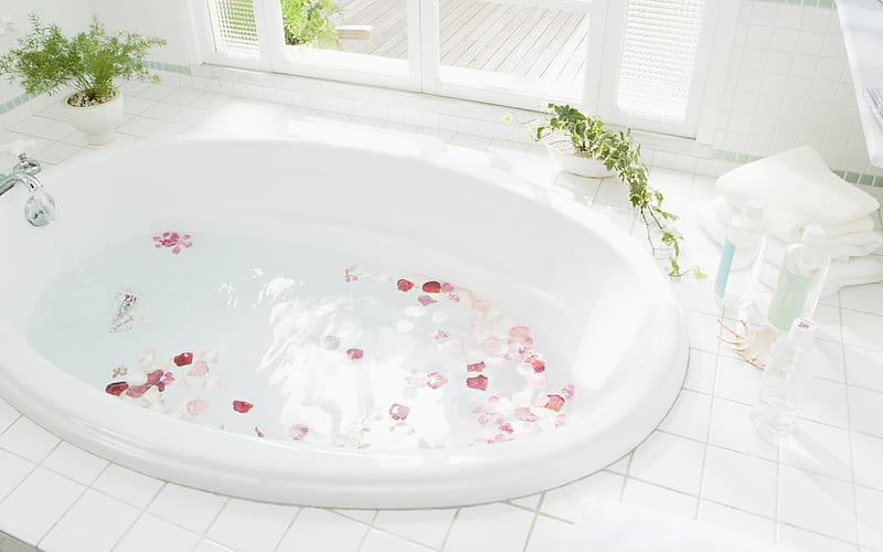 it's spa time, enjoy, foam, bath, towels, roses, tub, spa, wellness, petals, white, relaxing, HD wallpaper